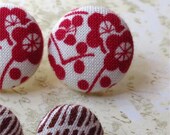 Button earrings japanese fabric stud post red floral and brown stripe set of 2