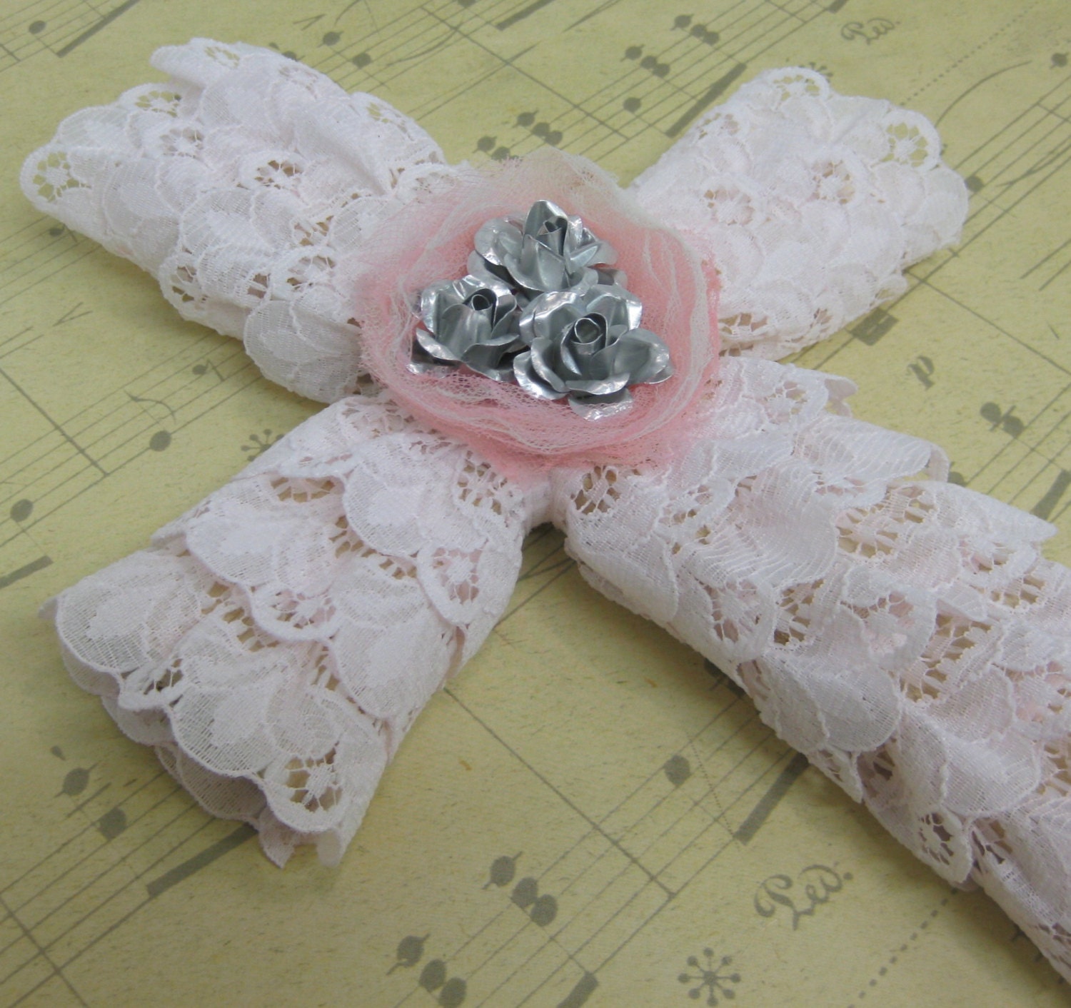 Lacey Pink Trimmed Wood Wall Cross with Roses