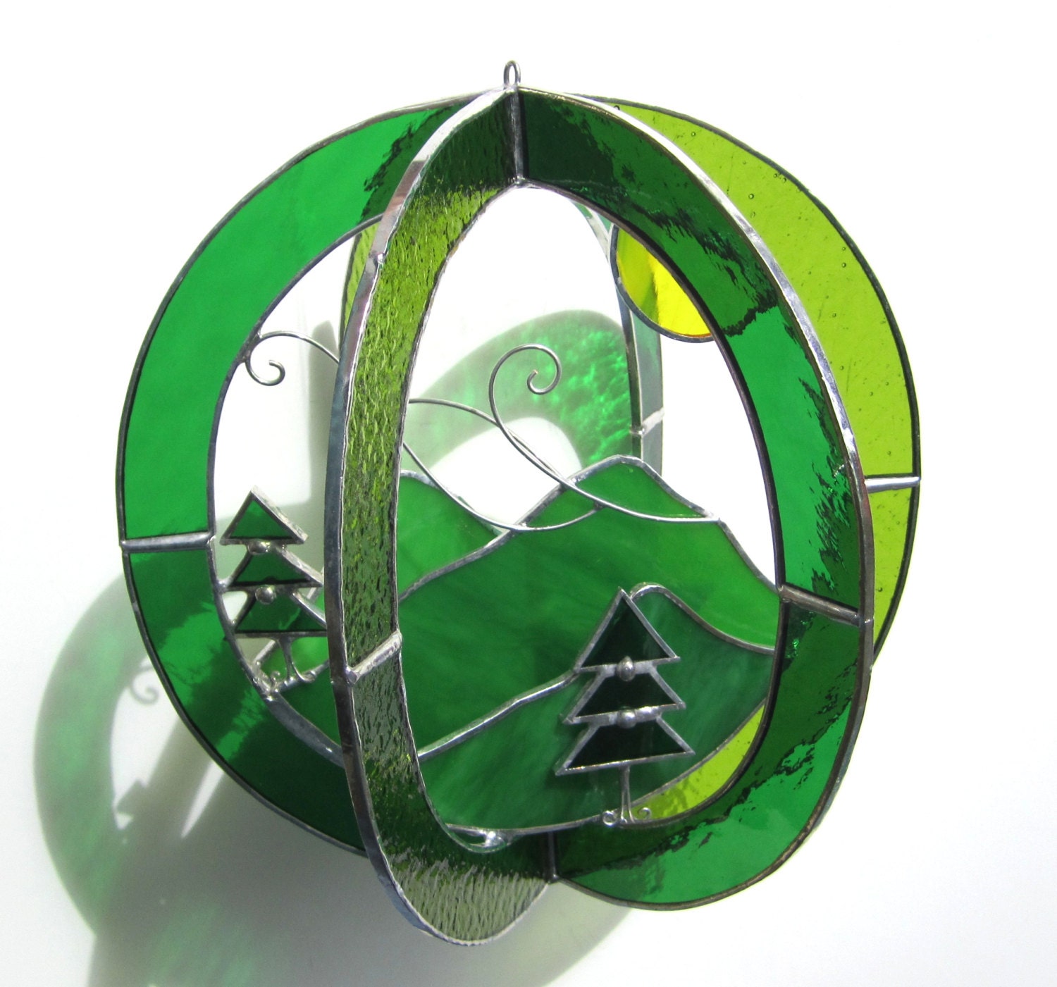 Summer Breeze - Stained Glass 3D Sphere - Green Mountain Nature Scene Suncatcher Sculpture Home Decor