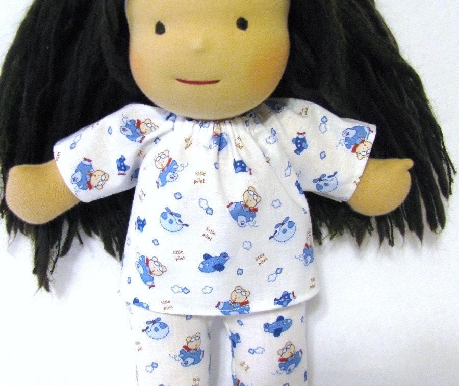 waldorf doll clothing pajamas in little pilot print for 13, 14, 15 inch doll