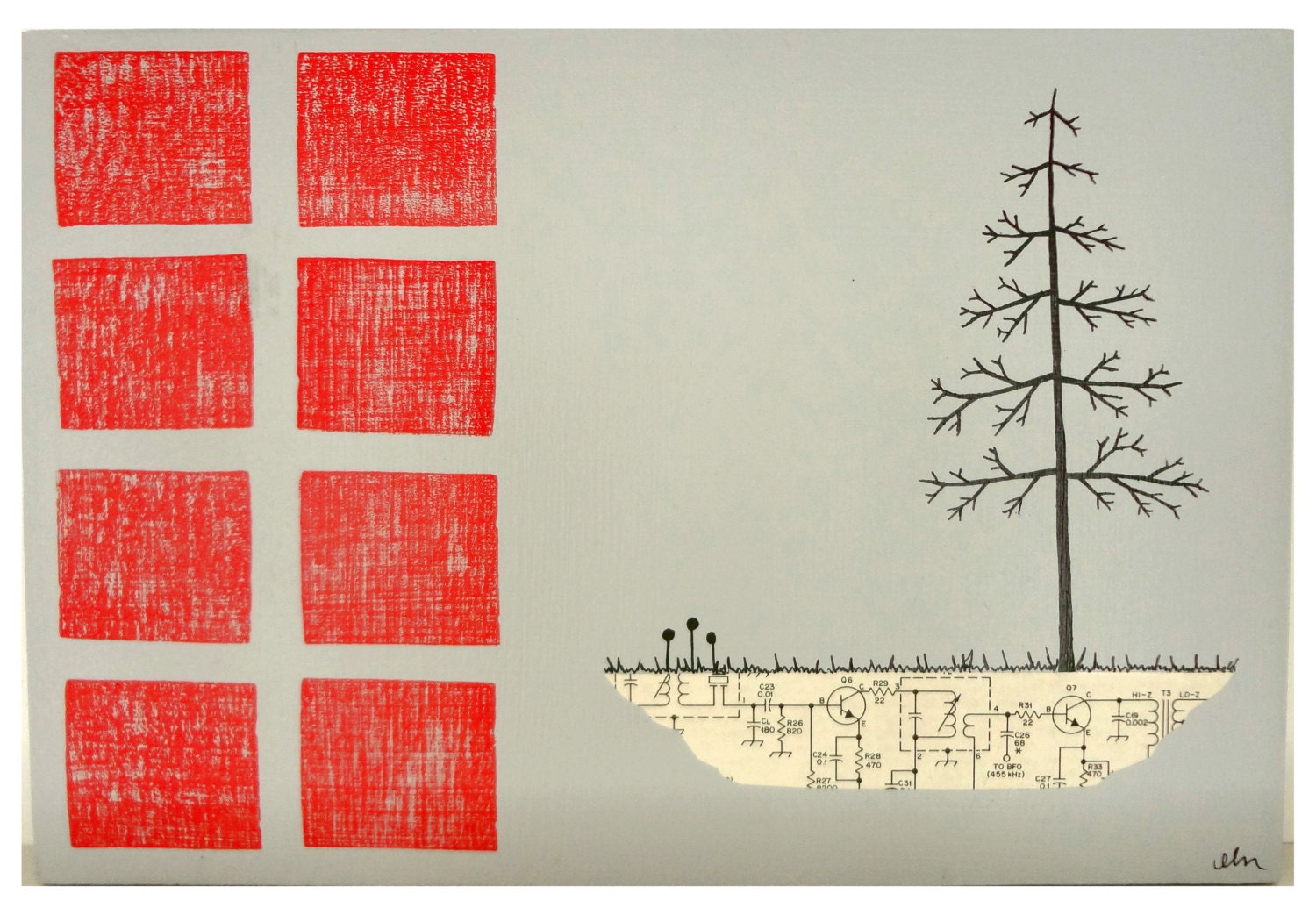 Mixed Media Collage Art on Wood, Block Prints and Illustrations, Original Art by Erin Lang Norris.