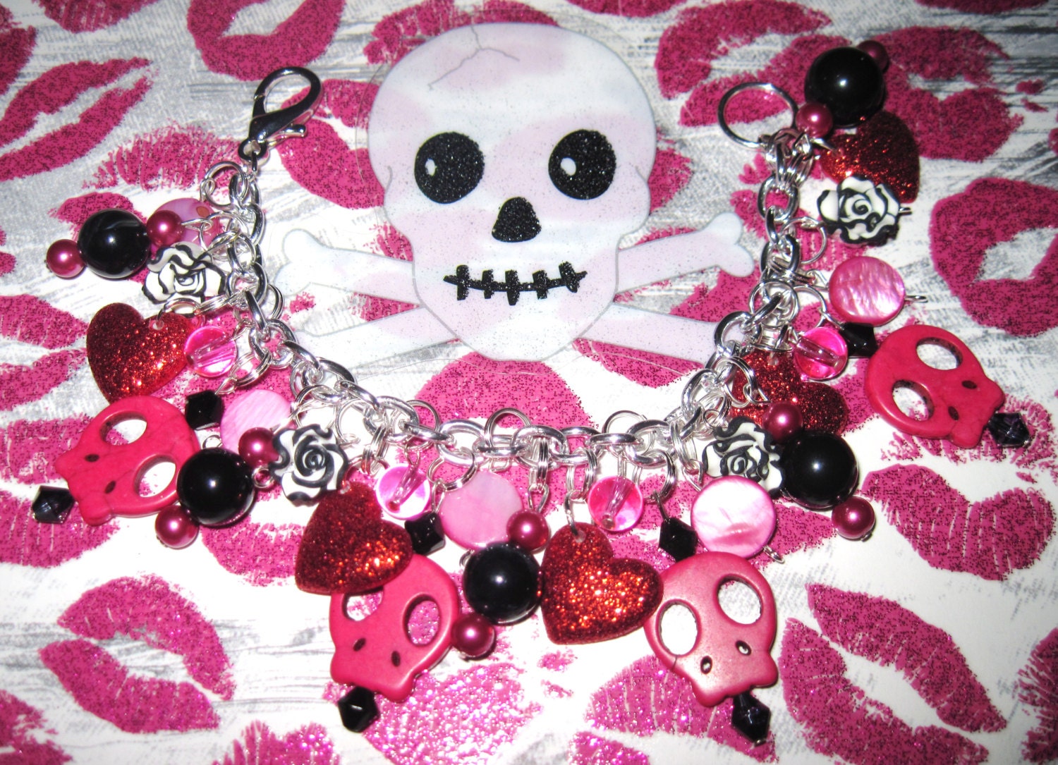 Charm Bracelet Day Of The Dead Punk Goth Rocker Jewelry Love Roses Skulls Hearts Pink Red Black Beads OOAK