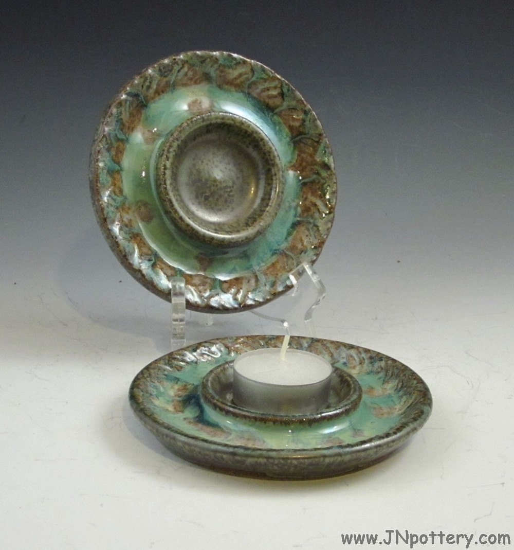 Ceramic Tea Light Saucer, Stoneware Votive Candle Dish, Gun Metal Green   v425