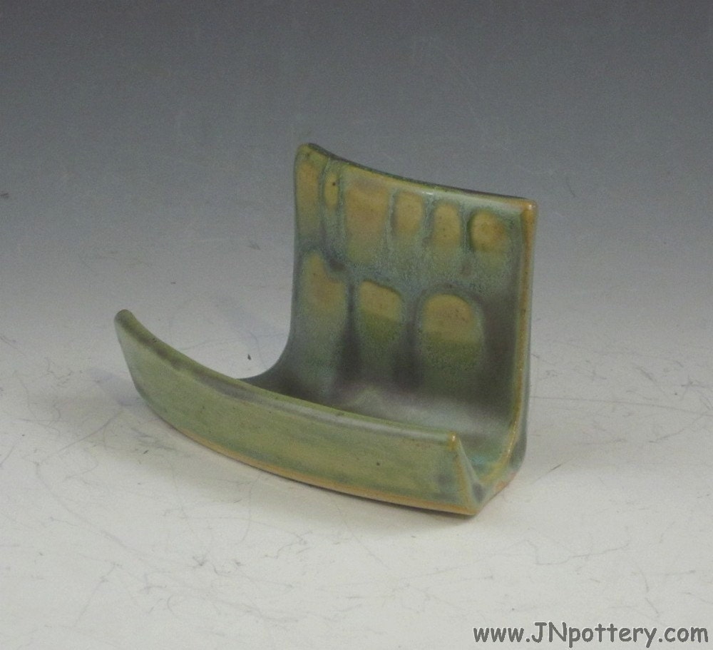 Ceramic Business Card Holder, Stoneware Cell Phone Rest, Eyeglass Caddy, Gun Metal Green  v440
