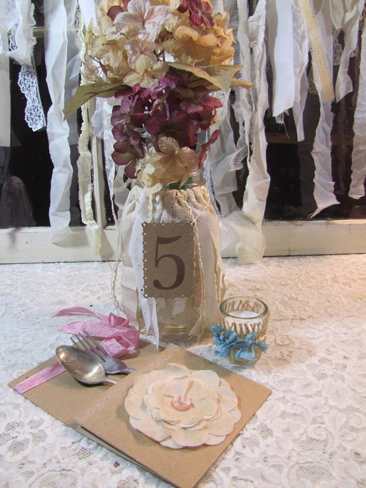 Tattered Fabric Lace Canning Jar Table Numbers and Flower Vase Shabby Chic Barn Rustic Romantic Prairie
