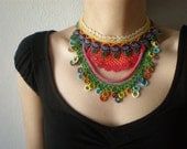 Convolvulus Erubescens  ... Crochet Beaded Necklace - Cream Pink Green Blue Purple - Flowers - Beadwork Statement Necklace
