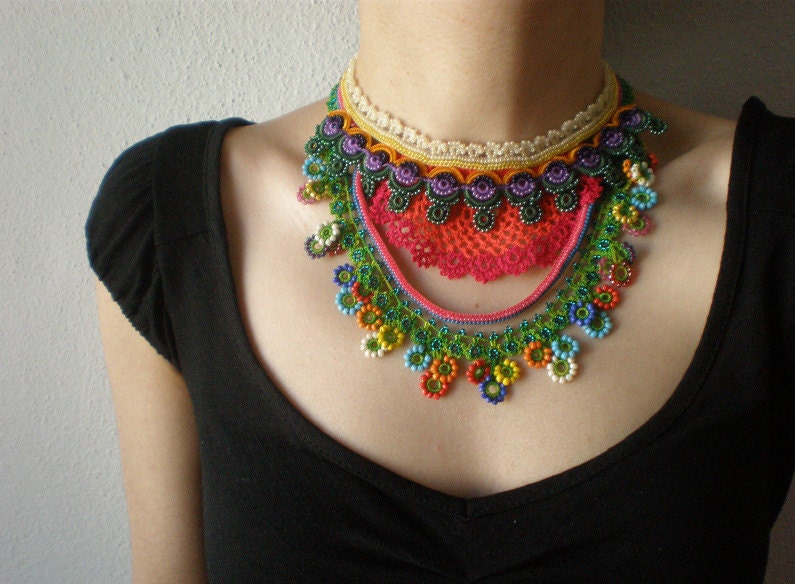 Convolvulus Erubescens  ... Crochet Beaded Necklace - Cream Pink Green Blue Purple - Flowers - Beadwork Statement Necklace