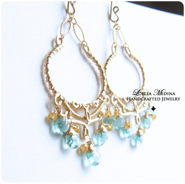 Green Apatite and Sunny Yellow Sapphires Gold Filled Earrings - Limited Edition -