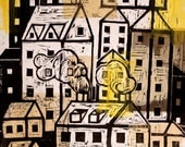 Houses Collage Woodblock Print