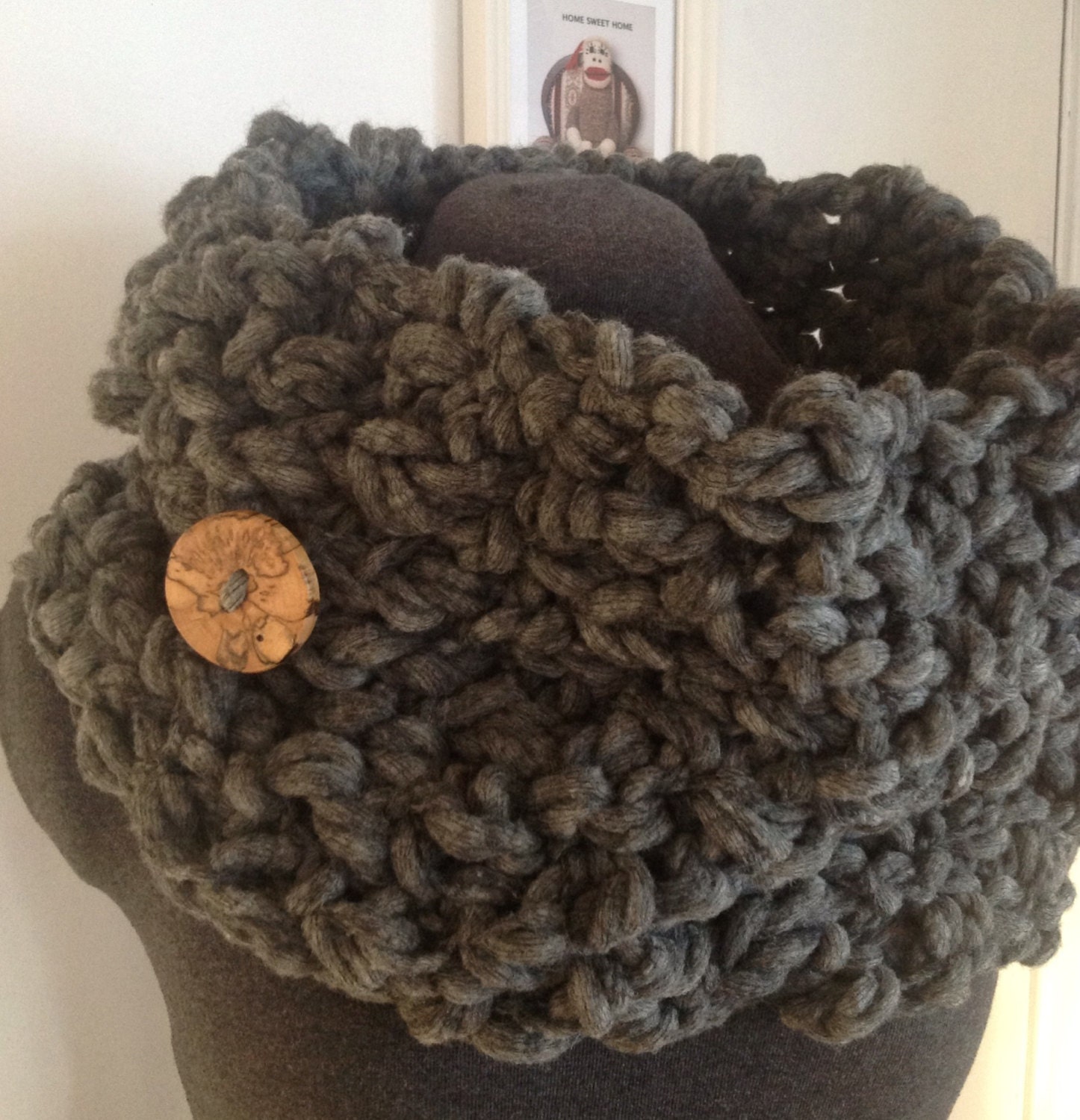 Chunky Knit Infinity Cowl with Large Maple Wood Button - Stone Gray