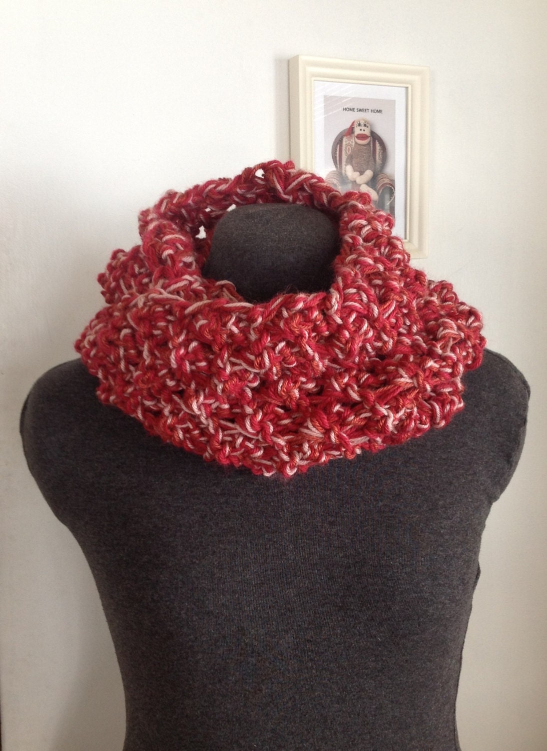 Hand Knit, Raspberry Stitch, Chunky Infinity Cowl, Pink Blends