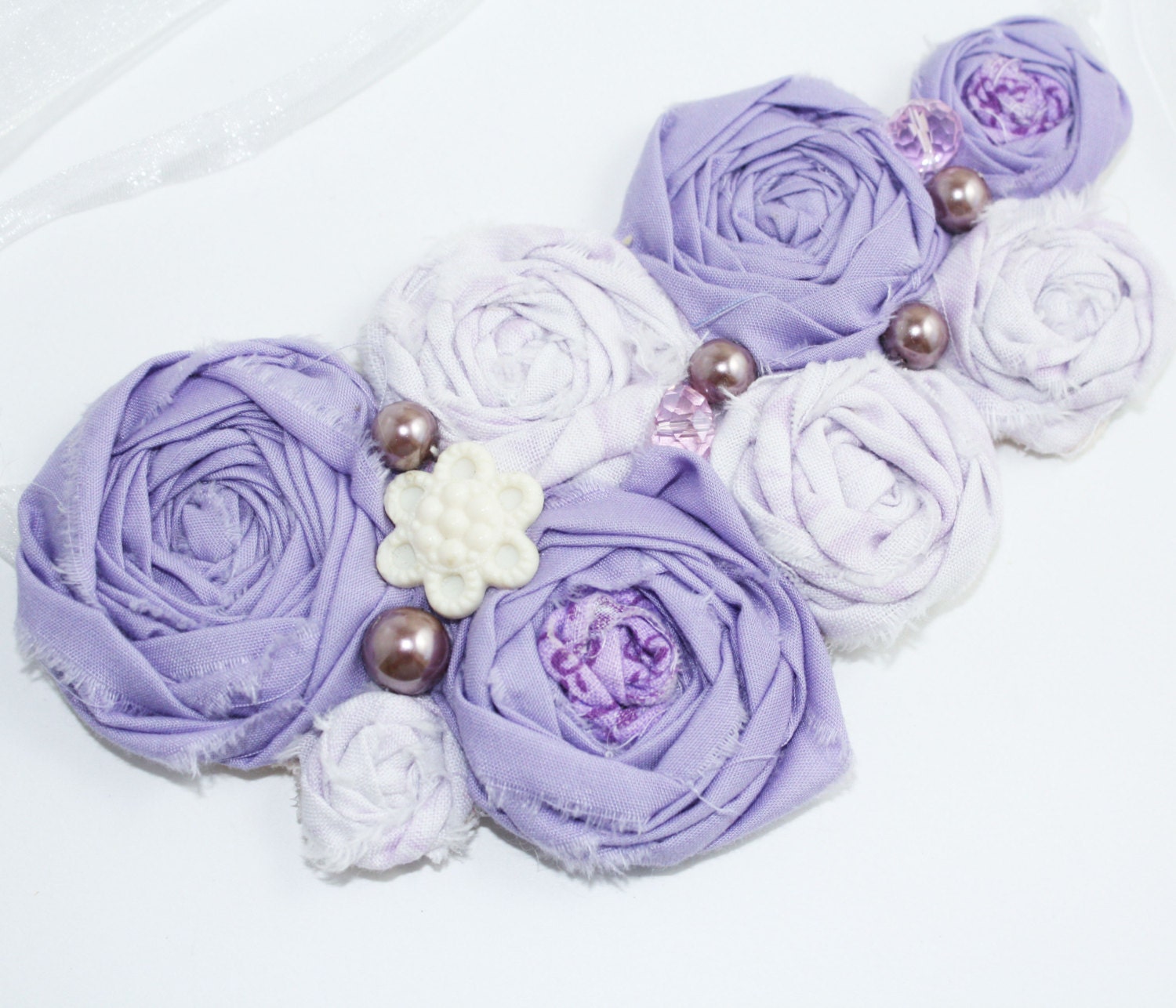 Fabric Rosette Bib Necklace LAVENDER BATH Statement or Wedding Piece Mini Lavender and Lilac