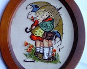 Hummel Crewel Embroidery - Framed -Umbrella Kids In the Rain- 1976 Paragon No. 0365