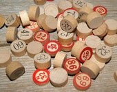 Over 80 Vintage Wood Bingo Lotto Call Chips Numbers