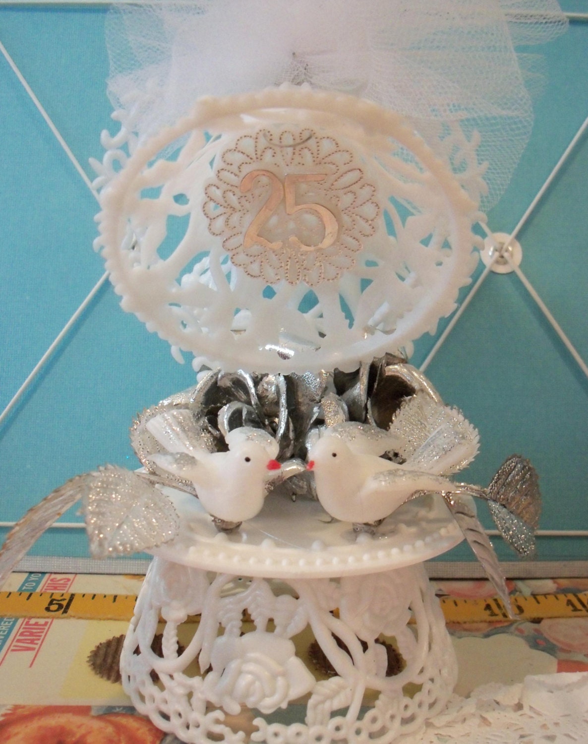 Vintage Style / Wedding Bells and Doves Cake Topper / Made from Vintage Craft Supplies / Silver Wedding Anniversary