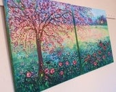 Commission   large set original painting  modern contemporary Cherry Tree Cottage and love Birds by Vadal free sh