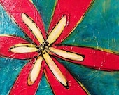 Red flower with blue background painting on canvas