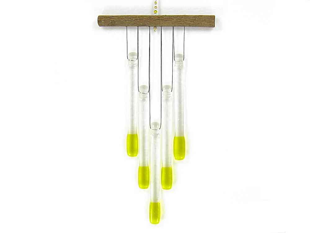 Clear and Yellow Glass Wind Chime with Natural Wood
