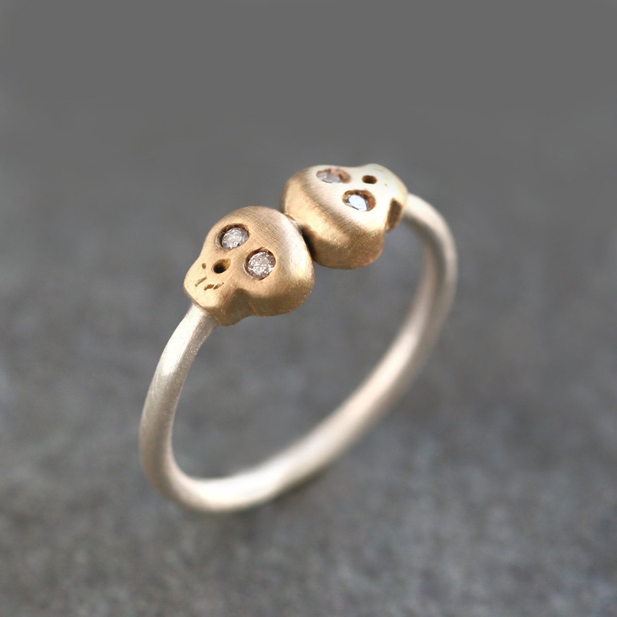 Double Baby Skull Ring in 14k Gold and Sterling Silver with Diamonds