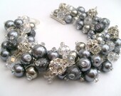 Bridal Jewelry, Wedding, Pearl Bridesmaid Bracelet, Pearl Rhinestone Bracelet, Cluster Bracelet, Pearl Bracelet, Silver Gray Pearl Jewelry