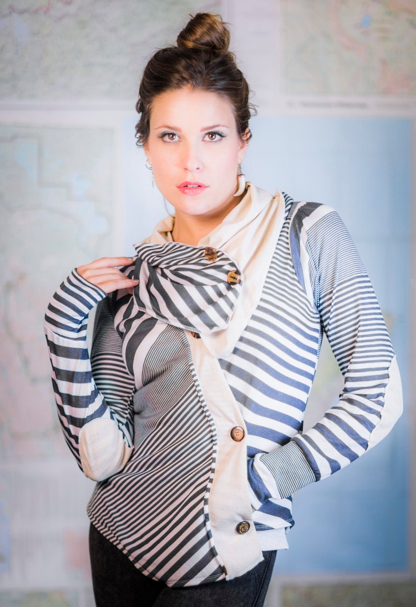better than your boyfriend's cardigan -- summer romance. asymmetrical buttoned tshirt cardigan with pocket and cowl. STRIPES and SAND.