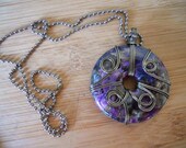 Pyrite Grass Turquoise Pendant Purple Gray Black Donut Bead Wire Wrapped in Gunmetal Parawire
