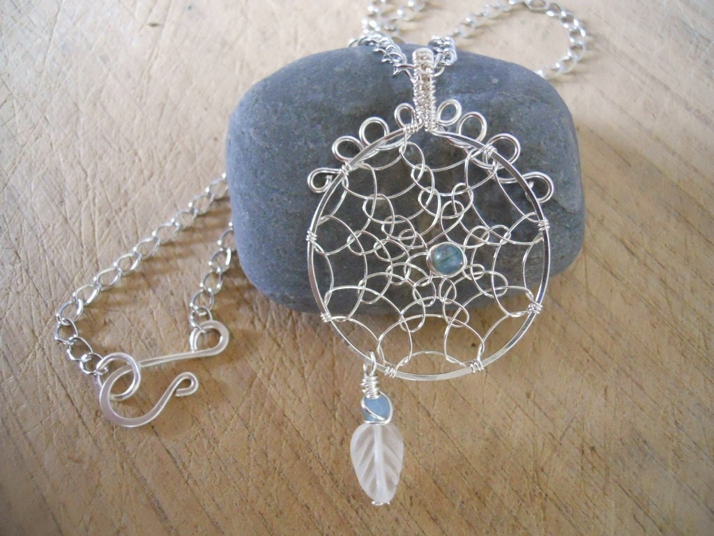 Handcrafted Silver Dreamcatcher Pendant Kyanite and Moonstone Silver Chain 19 inch