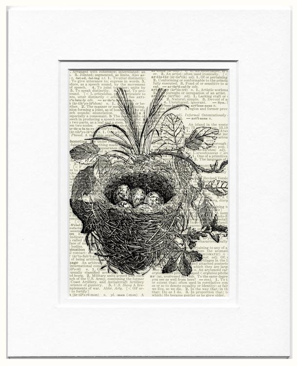 vintage bird nest artwork no. 13 - printed on page from old dictionary