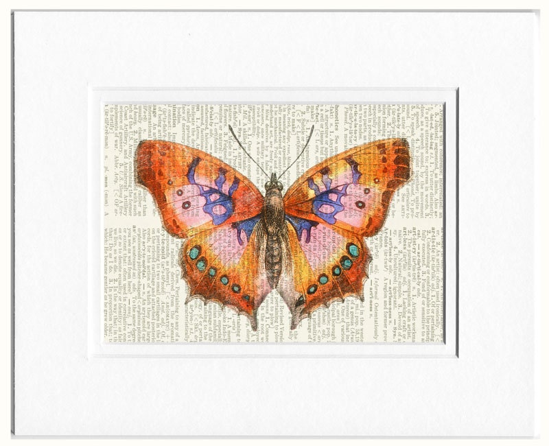 Butterfly - vintage pink butterfly artwork printed on old dictionary page