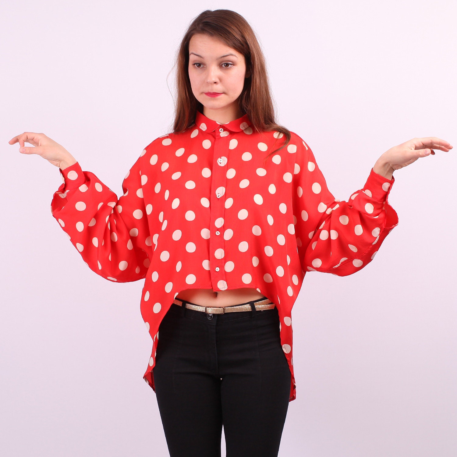 Hi Low Silk Blouse / Red Polka Dot Blouse