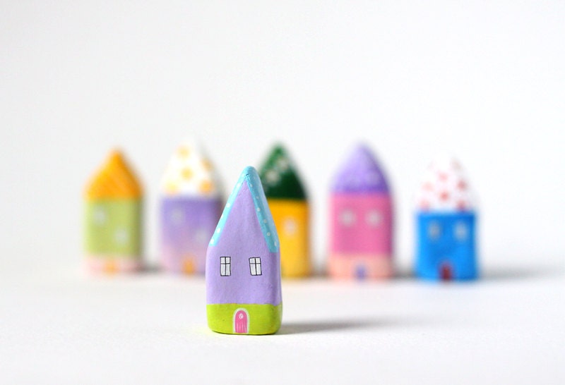 Little Home No 391 - Little clay house - lavender house with green and light blue