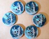 6 Handmade Ceramic Buttons - Moon over Cedars Buttons in Denim Blue Glaze and Brown Stoneware