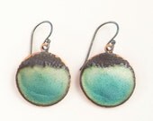Organic Blue Aqua--- handmade turquoise ocean enamel on copper and sterling silver small hoops earrings