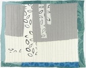 1.6.2013 small art quilt, contemporary, abstract, textile drawing, haiku, snow, white, black, cream, aqua, blue, raw edges, grey