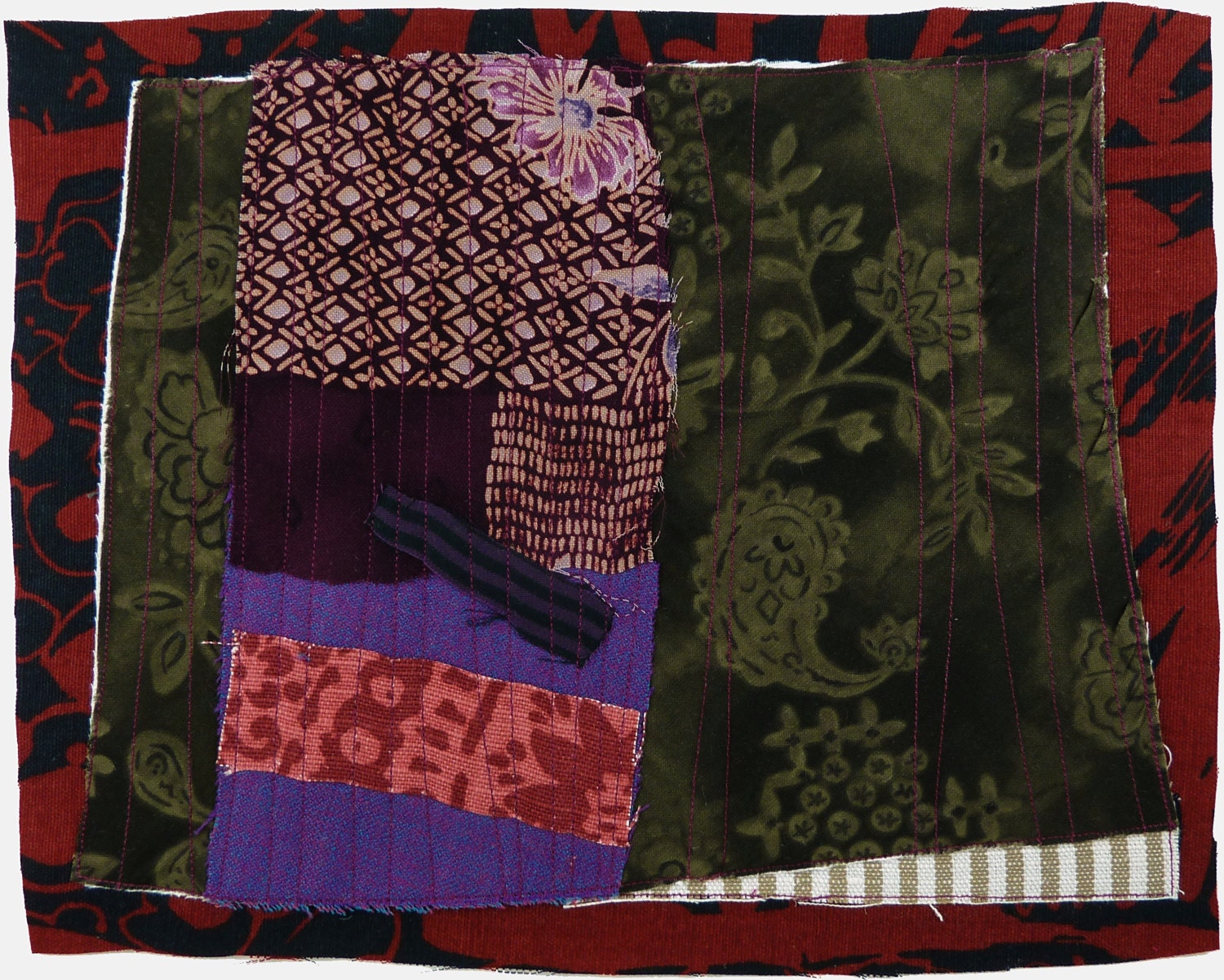 5.20.2013, quilted drawing, small art quilt, abstract, haiku, purple, rose, black red, dark olive, white, beige