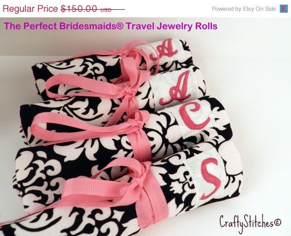 25% OFF Bridal Sale The Perfect Bridesmaids Gift - Set of 6 Jewelry Rolls in BW Damask with monogram with Free Shipping