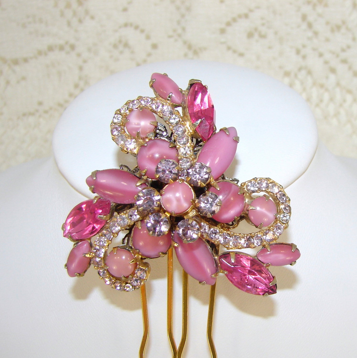 Pink Wedding Hairpiece Rhinestone Hair Comb Lilac Lavender Bridal Headpiece Vintage Jewelry Accessory