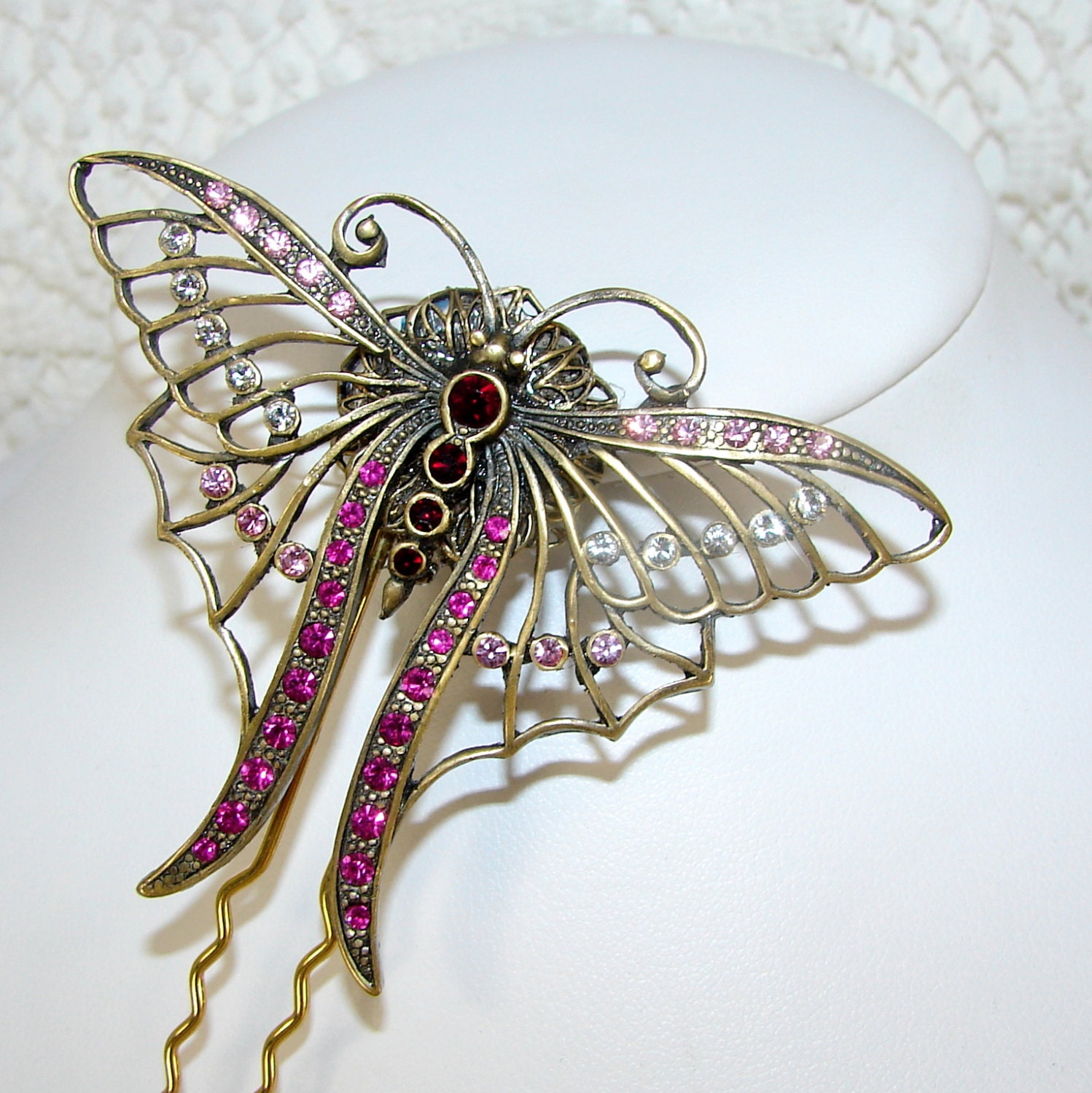 Butterfly Hair Comb Rhinestone Fork Red Pink Fuchsia Wedding Hairpiece Vintage Jewelry Accessory