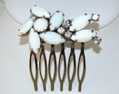 Wedding Hair Comb White Rhinestone Vintage Milk Glass Jewelry Bridal Hairpiece Accessory