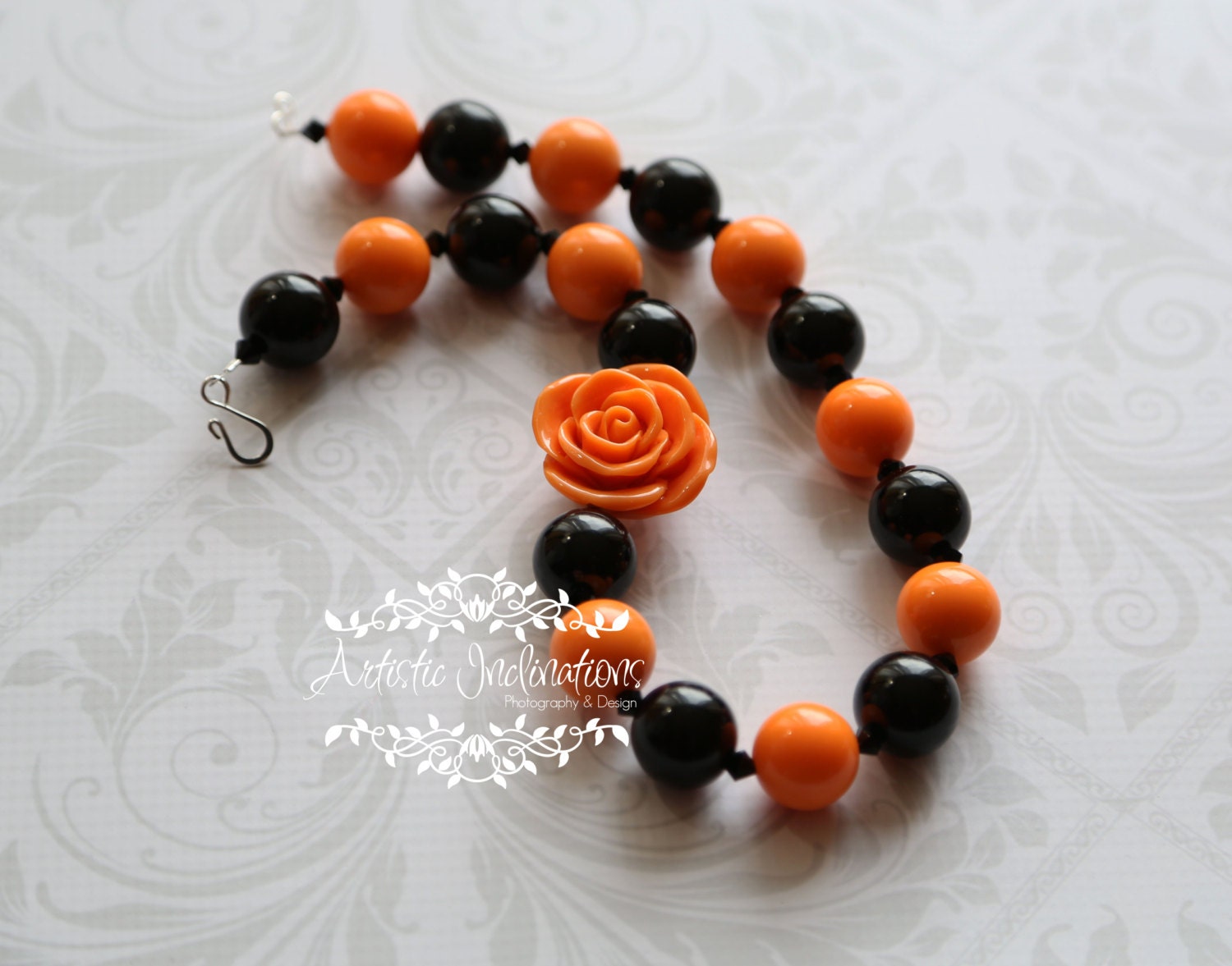 October - Orange and Black Chunky Necklace with Orange Rose and Swarovski - Couture Photo Prop