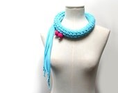 Crochet Statement Necklace - Turquoise Upcycled Jersey Yarn - Jersey Scarf Cowl - Crochet Jewelry - Textile Necklace