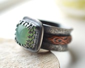 Cocktail Ring,Textured, Wide Band, Oxidized Sterling Silver, Mixed Metal, Green Stone,  Gemstone, Romantic, Metalsmith