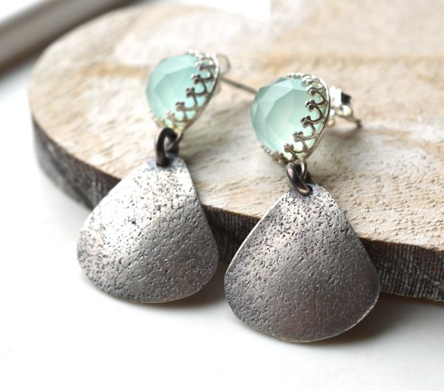 Short Dangle Post Earrings in a Modern Edgy Design in Eco Friendly Silver, Elegant, Aqua Chalcedony, Modern, Textured, Stud Earrings