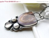 ON SALE One of a Kind Necklace, Agua Nueva Agate, Bezel Work, Statement, Pearl, Recycled Silver, Unique,Pendant, Handmade, Oxidized, Metalw