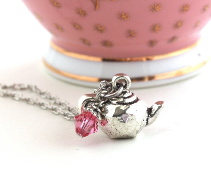 Teapot Necklace - Silver Plated Charm - Pink Crystal - Choose Your Length