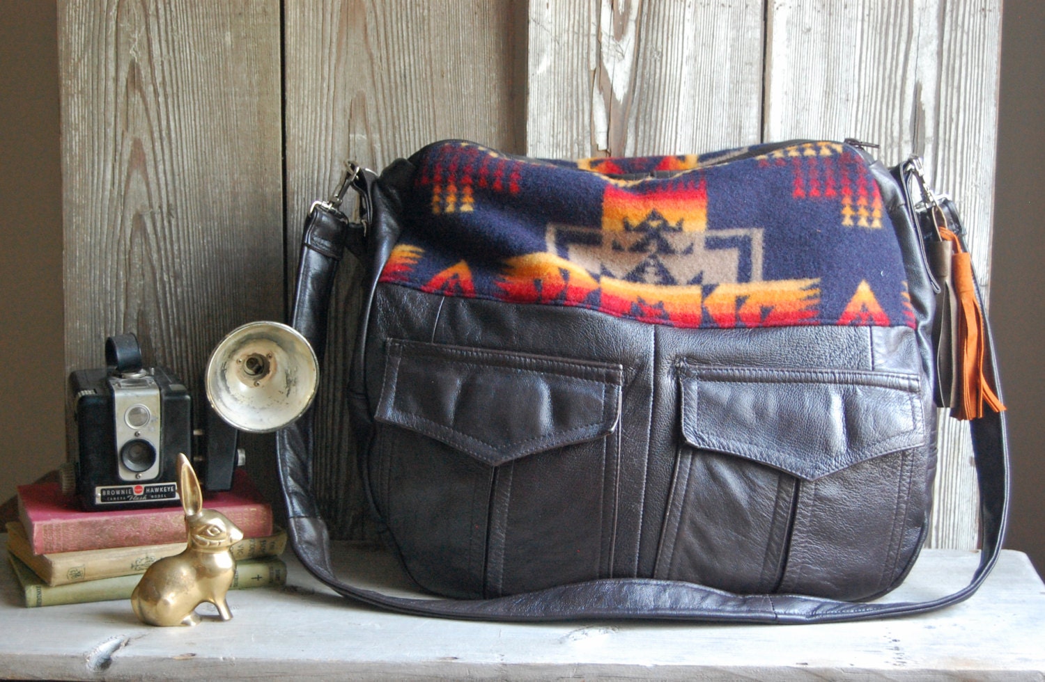 TUNDRA /// brown leather bag with pendleton navajo southwestern fabric