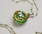 Vintage Necklace Blue Enamel Butterfly Green Glass Crystal Pendant