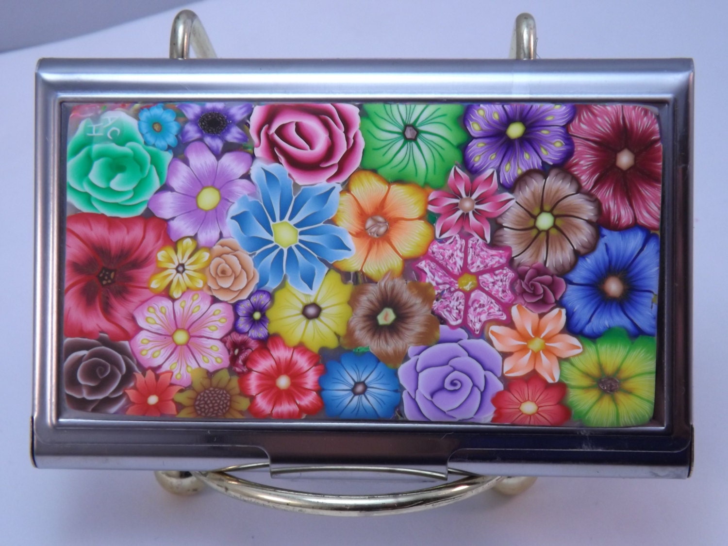Colorful Millefiori Floral Polymer Clay Embellished Business Card Case