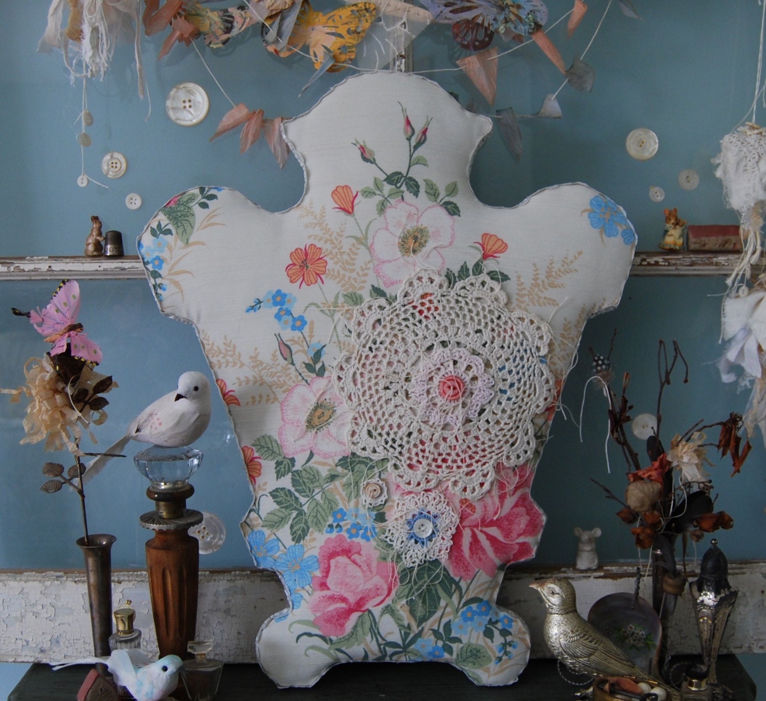 Madeline - Vintage Doily Burlap and Garden Flower Fabric Shabby Chic Jewelry Dress Form Style Display OOAK