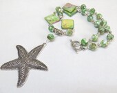 Starfish Necklace / Mother of Pearl Beach Necklace / Green Necklace / Necklace & Earrings Set